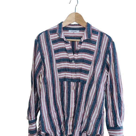 FRAME Linen Clean Collared Bib Shirt in Natural Size XS - Picture 3 of 7